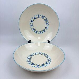 Vintage MCM Marcrest Swiss Alpine 10” Round Serving Bowls Blue Rim Flowrs Set/2
